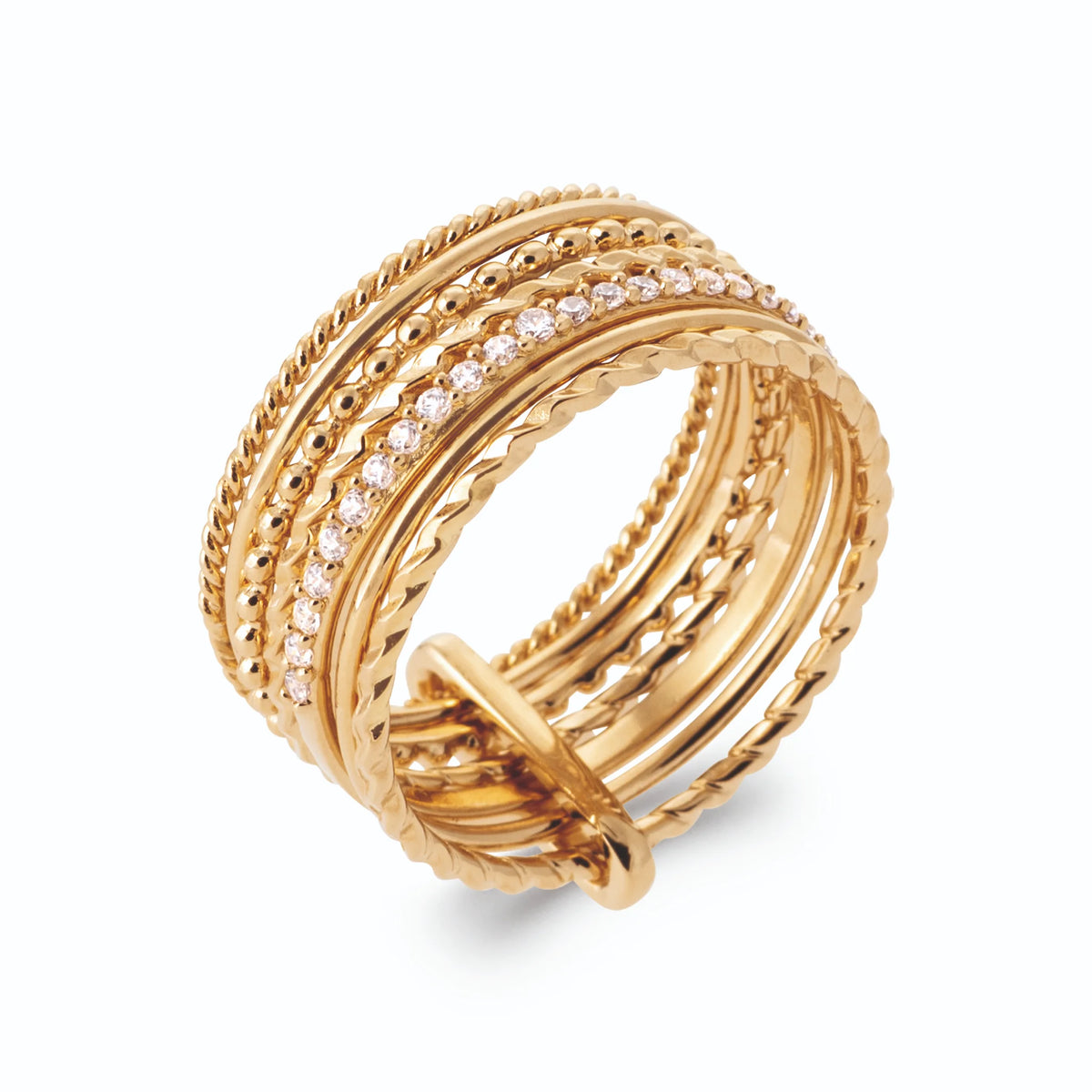 Bague semainier anneaux perlés ciselés et ligne de zircons en plaqué or