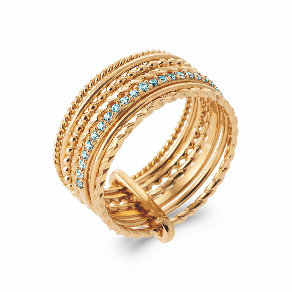 Bague semainier anneaux perlés ciselés et ligne de pierres bleu ciel en plaqué or