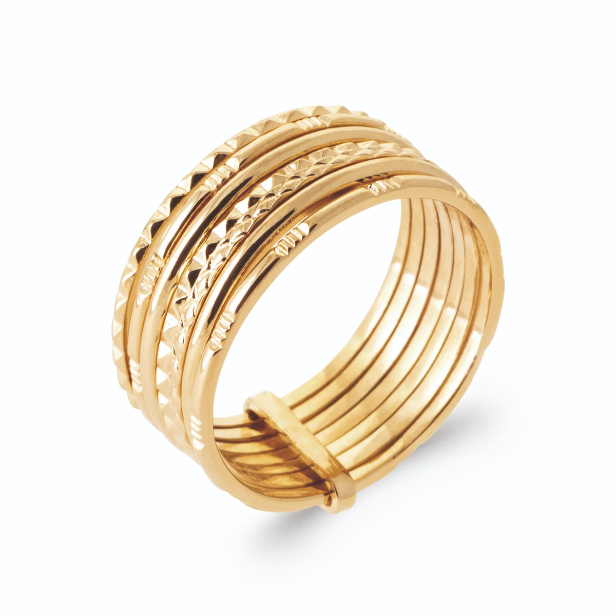 Bague semainier sept anneaux ciselés diamantés en plaqué or