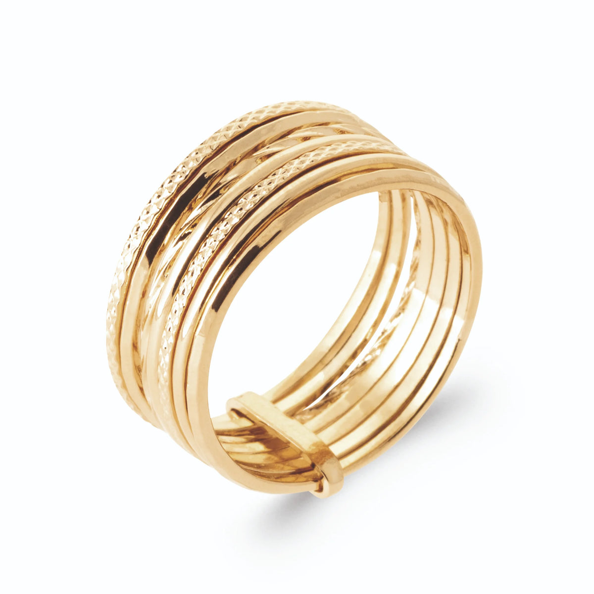 Bague semainier sept anneaux fins lisses et texturés en plaqué or