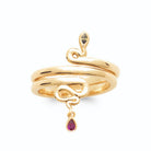 Bague serpent enroulé double tour et pampille rouge plaqué or, vue de face