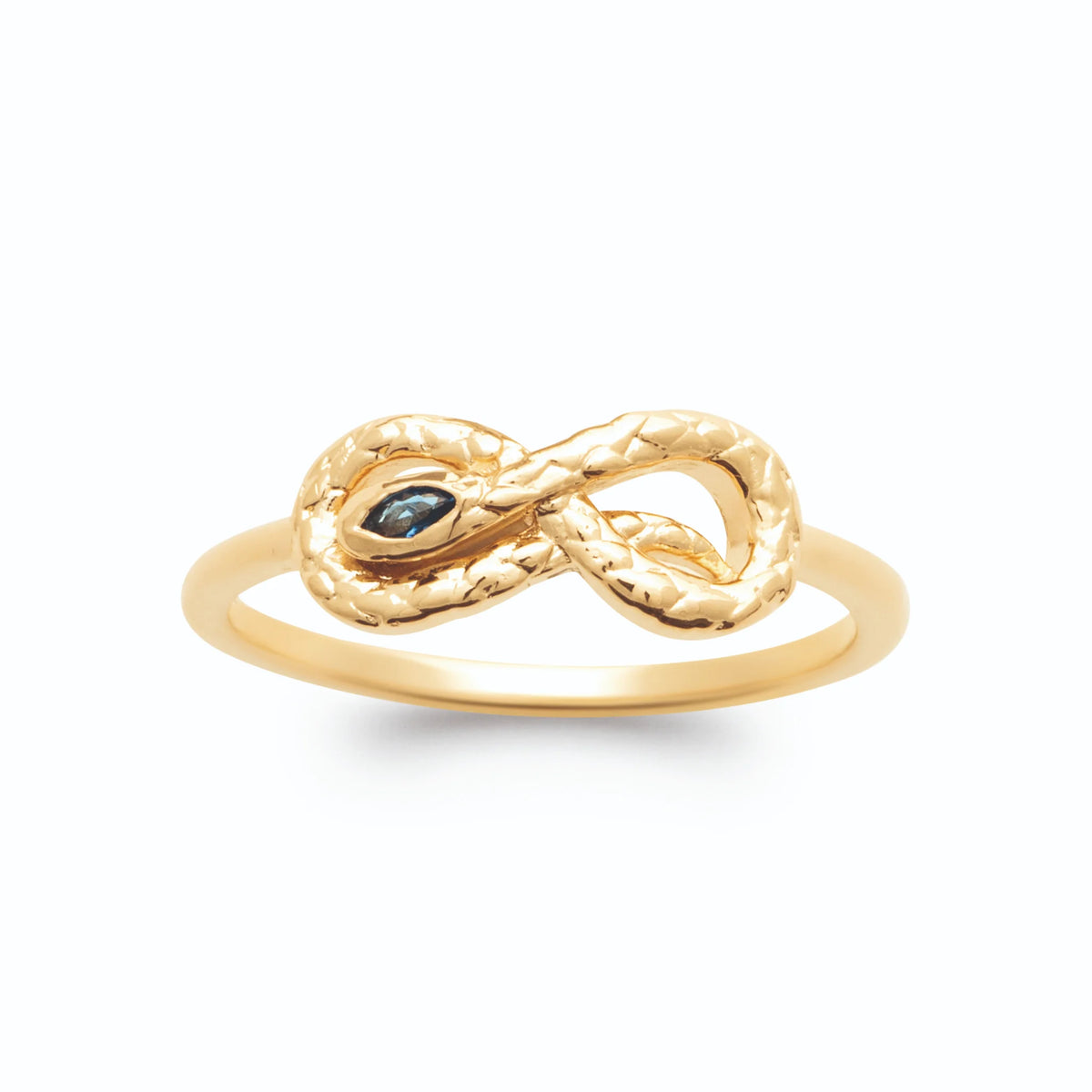 Bague serpent en infini et pierre navette bleu nuit plaqué or, vue de face