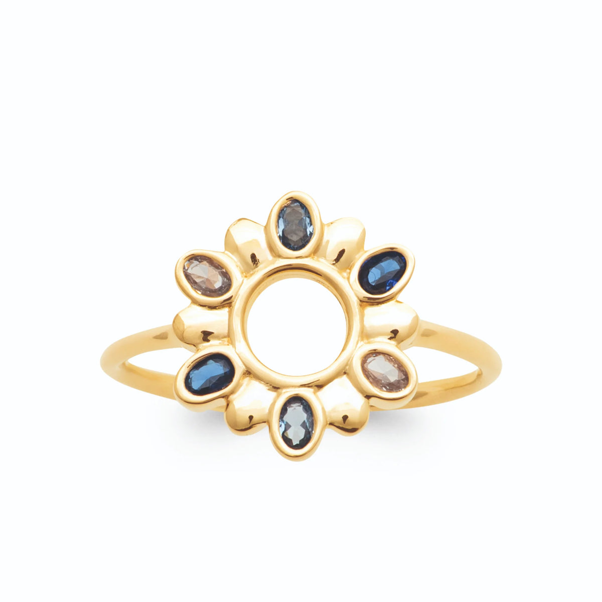 Bague soleil ajourée pétales de pierres bleu nuit et fumées en plaqué or