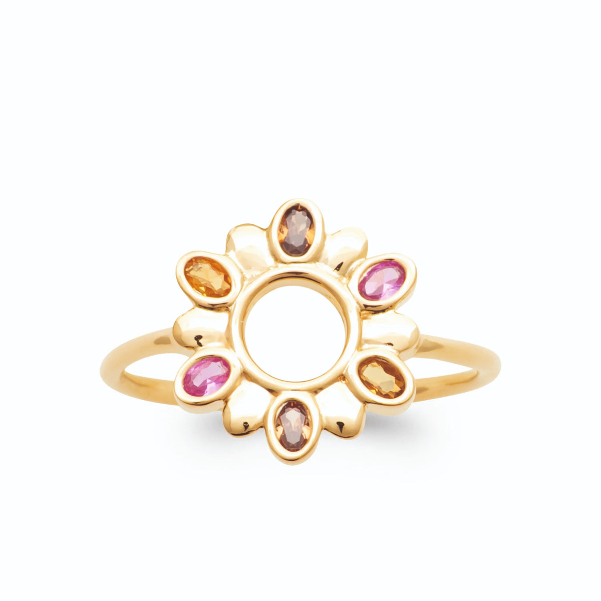 Bague soleil ajourée pétales de pierres roses et ambrées en plaqué or