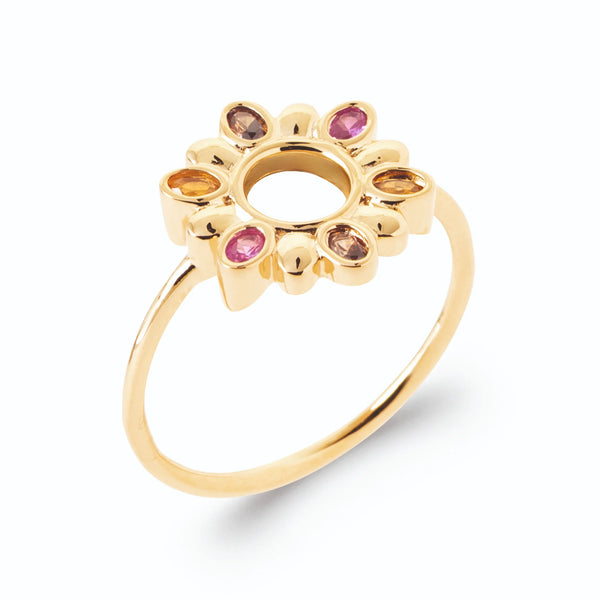 Bague soleil ajourée pétales de pierres roses et ambrées en plaqué or