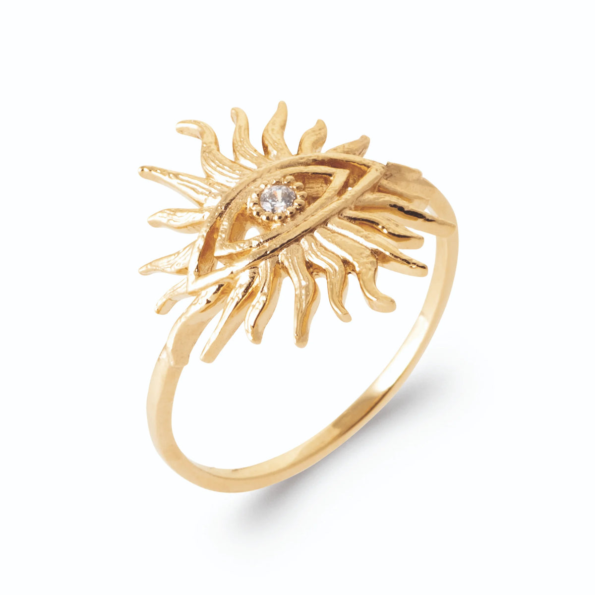 Bague soleil rayonnant et zircon navette en œil en plaqué or