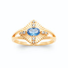 Bague soleil pierre bleue et zircons plaqué or, vue de face