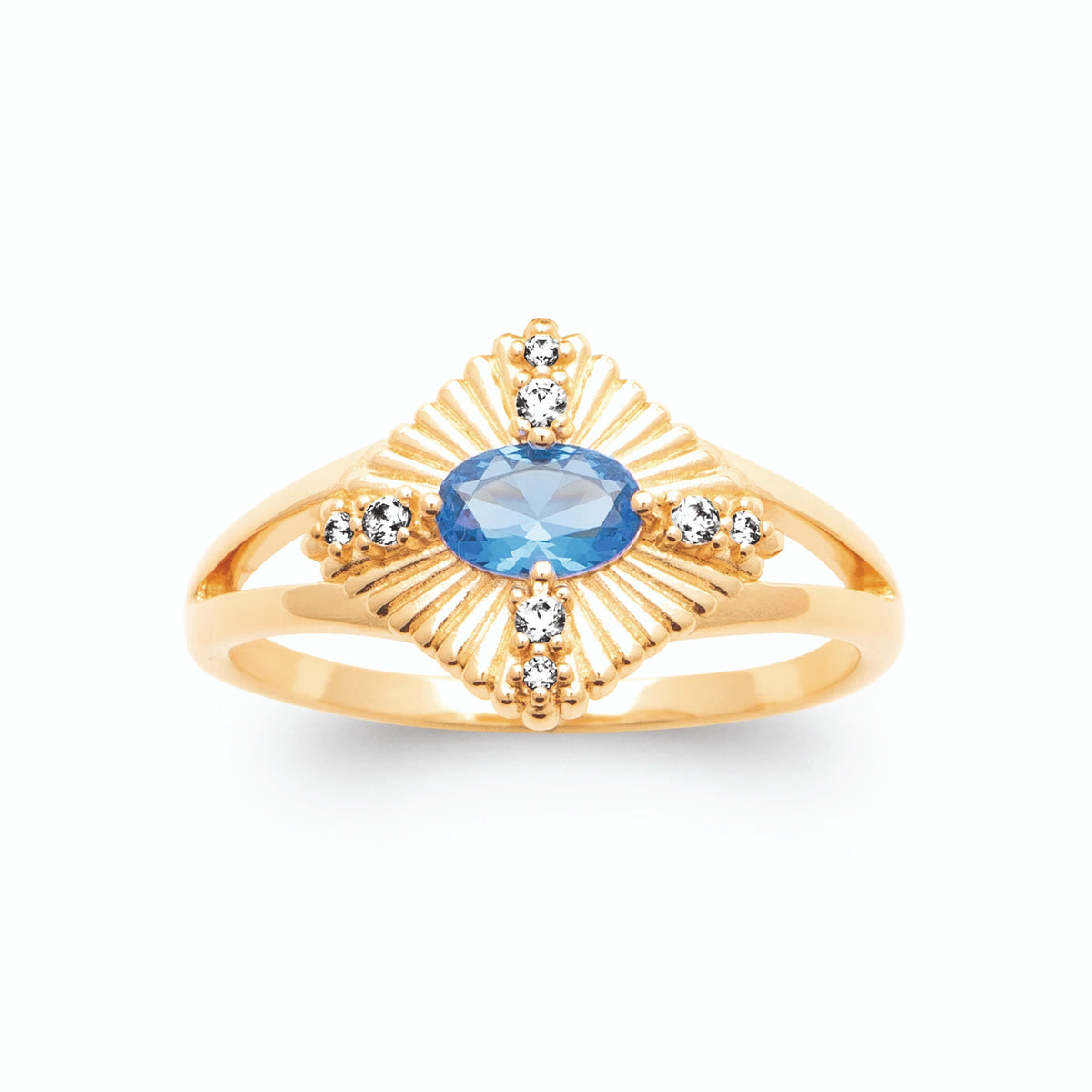 Bague soleil pierre bleue et zircons plaqué or, vue de face
