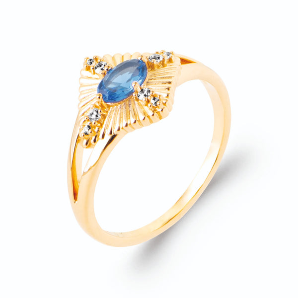 Bague soleil pierre bleue et zircons en plaqué or, vue de trois quarts