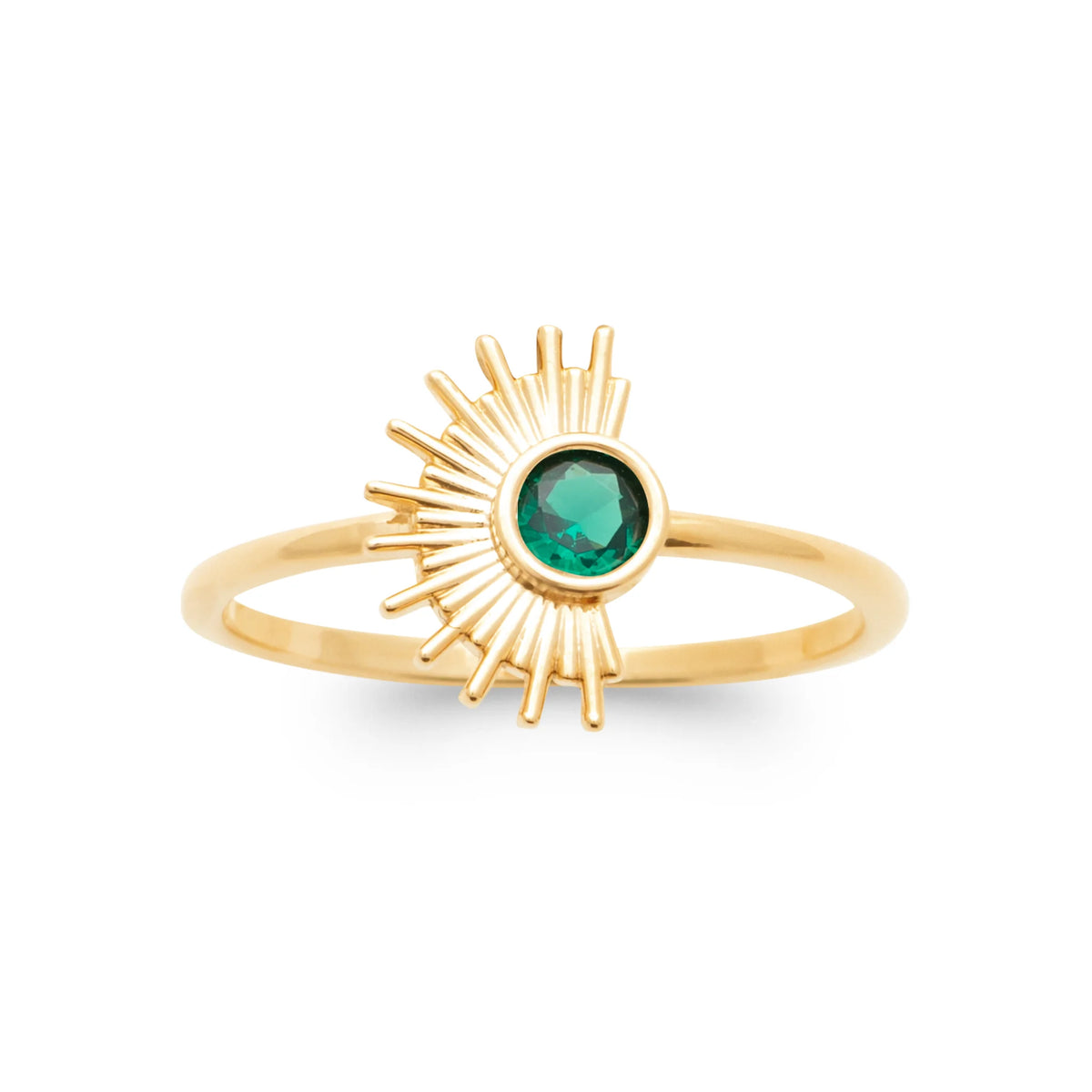 Bague soleil rayonnant et pierre verte plaqué or, vue de face