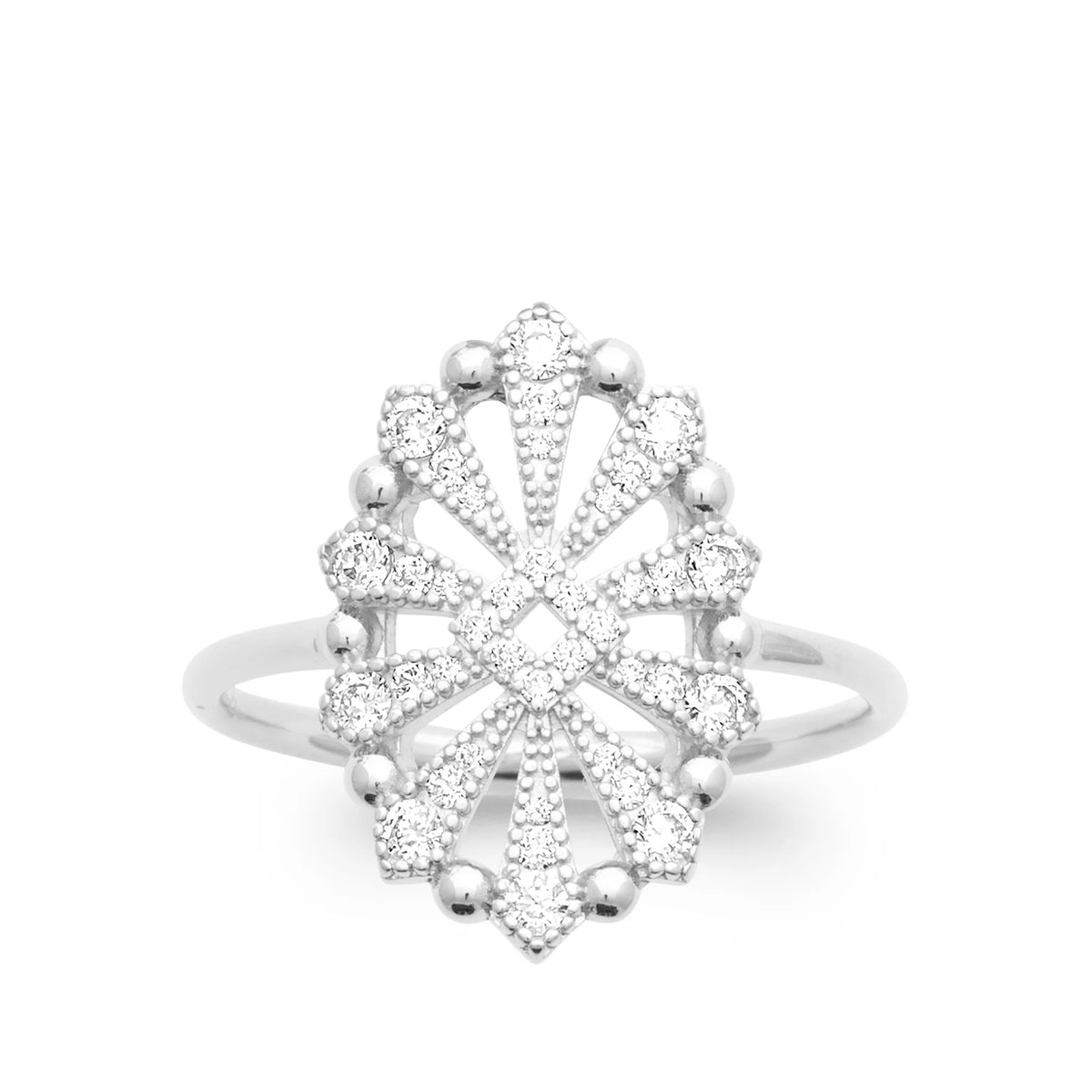 Bague soleil rayonnant serti de zircons en argent 925, vue de face