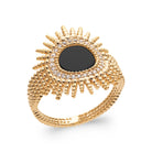 Bague soleil aux rayons perlés et cabochon noir cerné de zircons en plaqué or