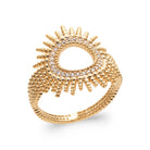 Bague soleil aux rayons perlés et goutte ouverte pavée de zircons en plaqué or