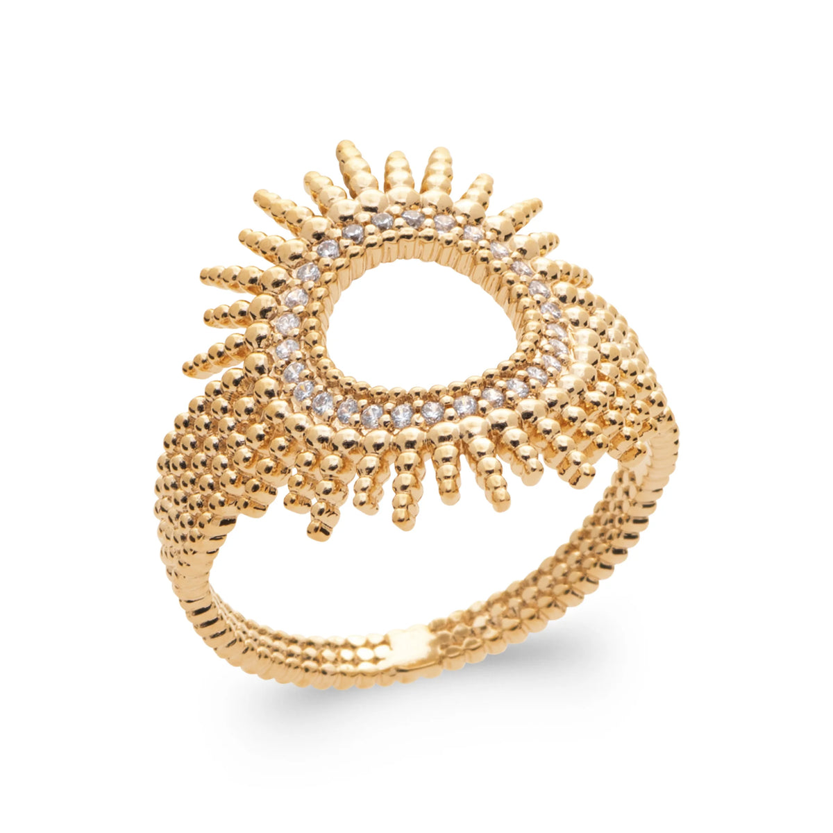 Bague soleil aux rayons perlés et goutte ouverte pavée de zircons en plaqué or