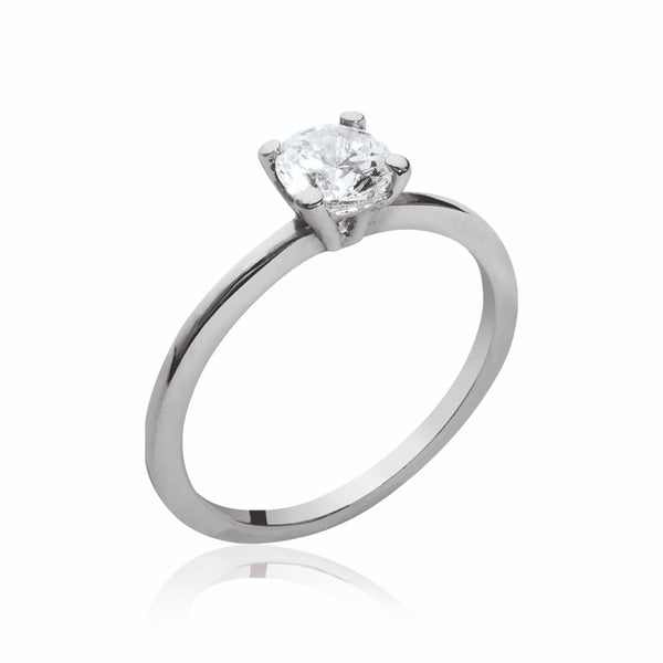 Bague solitaire fin zircon rond en argent 925, vue de face