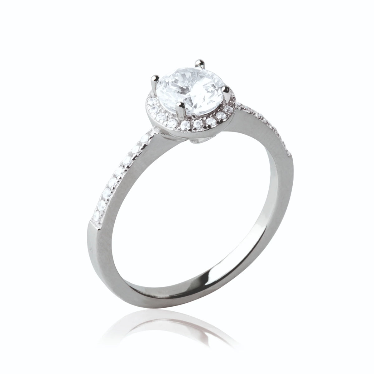 Bague solitaire halo de zircons et épaules pavées en argent 925, vue de profil