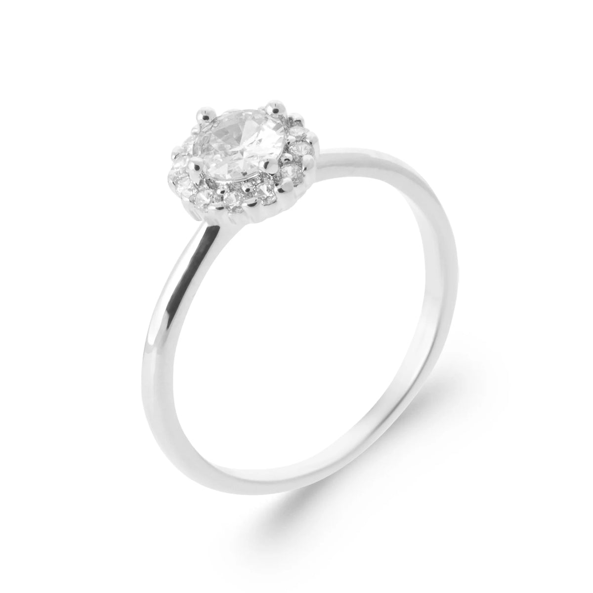 Bague solitaire halo de zircons griffés en argent 925