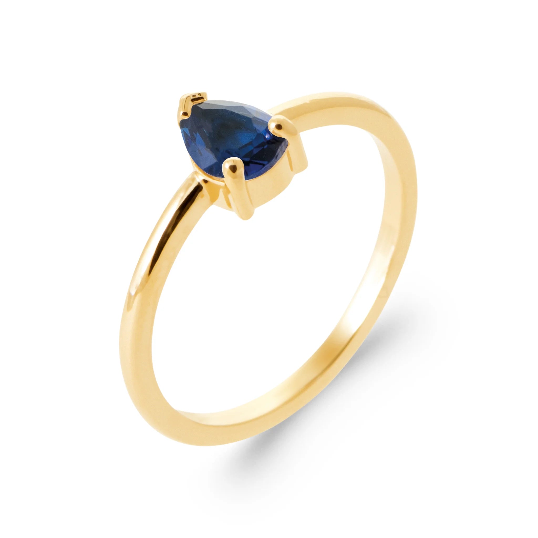 Bague solitaire pierre poire bleu nuit en plaqué or, vue de trois quarts