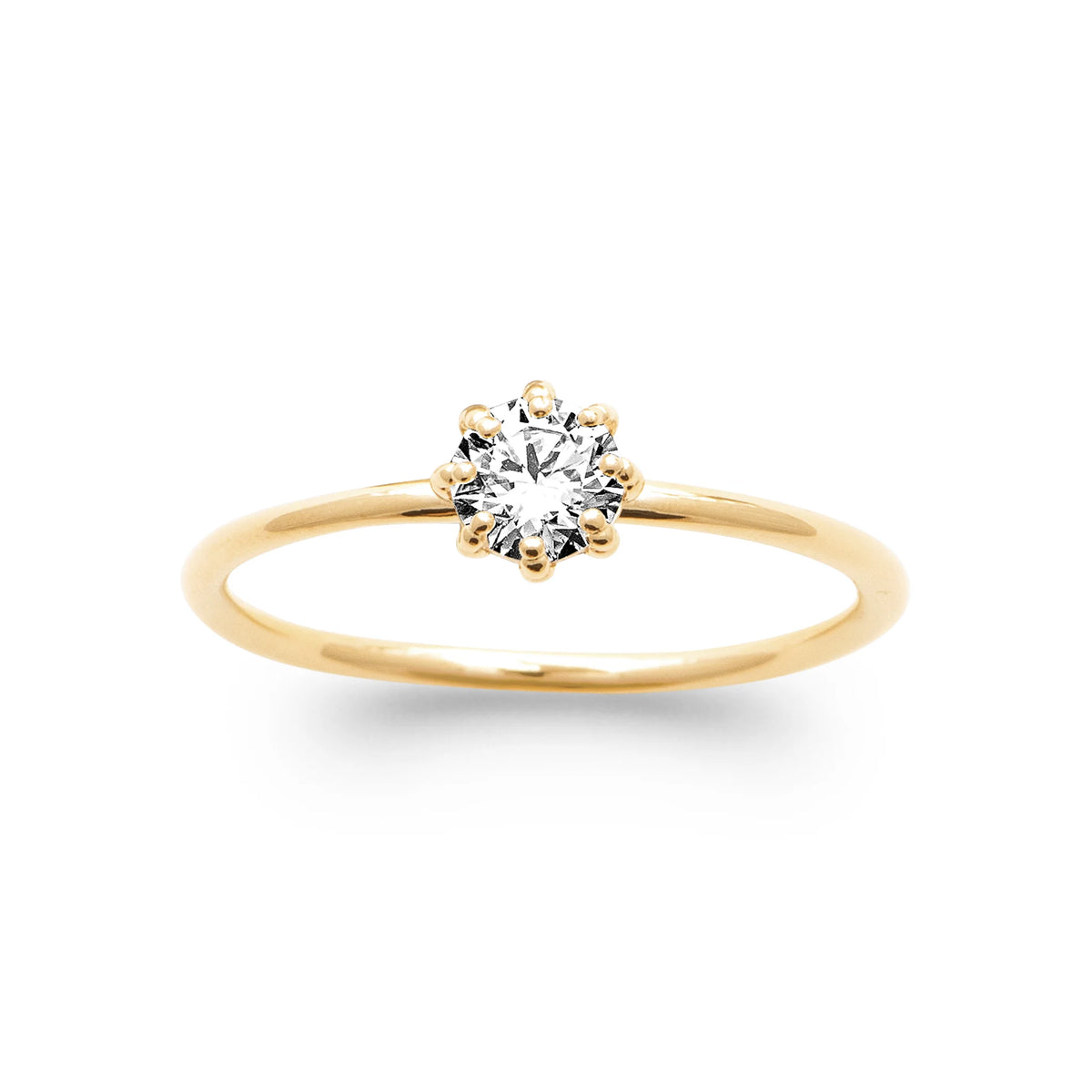 Bague solitaire plaqué or, zircon rond serti d’une couronne de griffes, vue de face