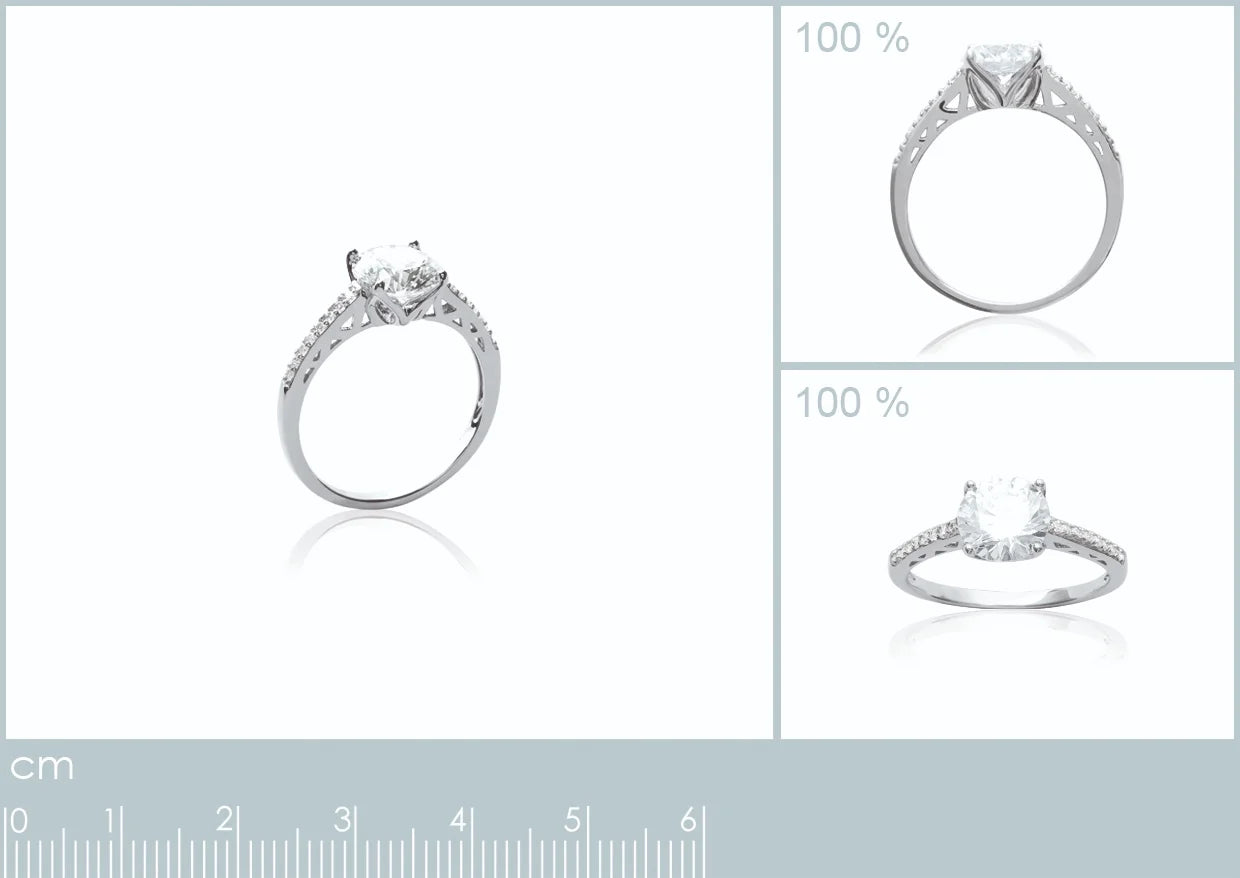 Bague solitaire zircon et épaules micro-serties en argent 925, planche avec vue à taille réelle et réglet