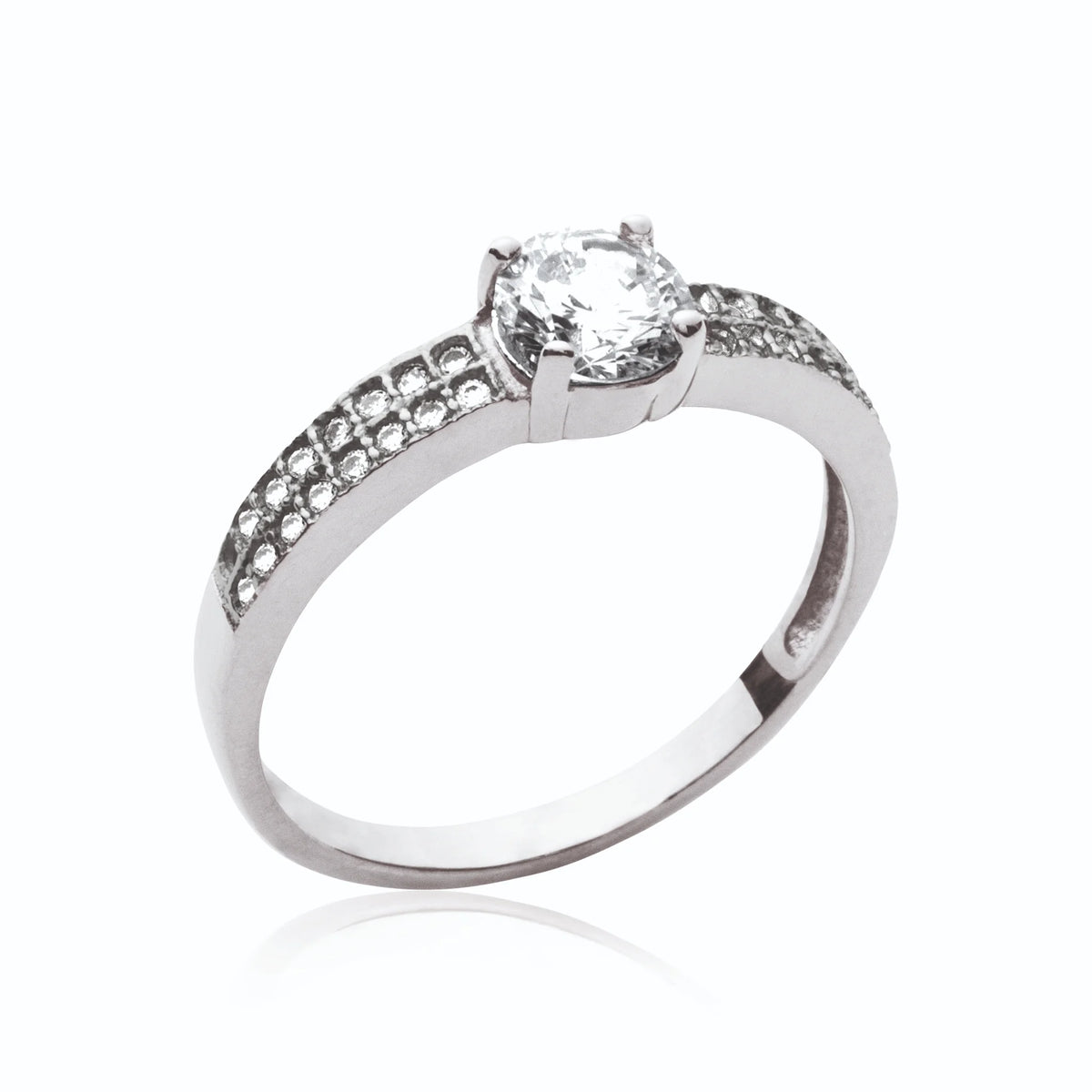Bague solitaire zircon et épaules pavées en argent 925, vue de face