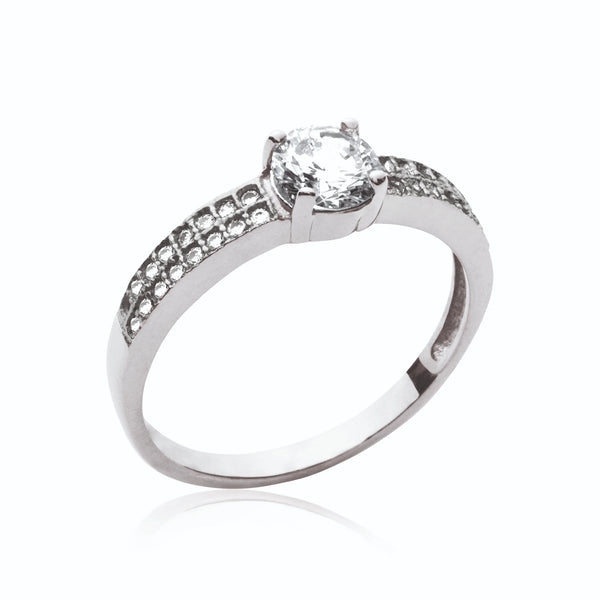 Bague solitaire zircon et épaules pavées en argent 925, vue de face