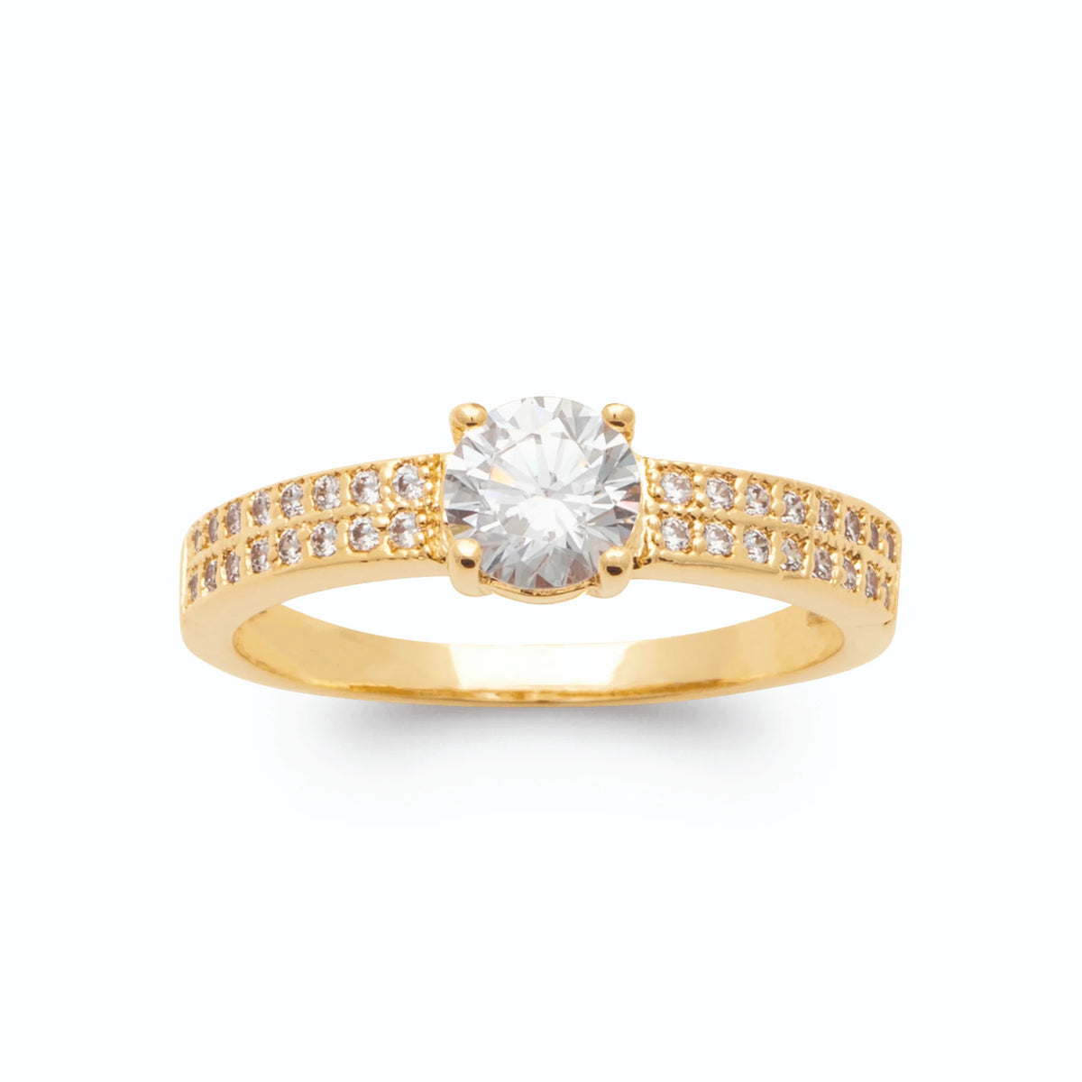 Bague solitaire zircon et épaules pavées de zircons en plaqué or