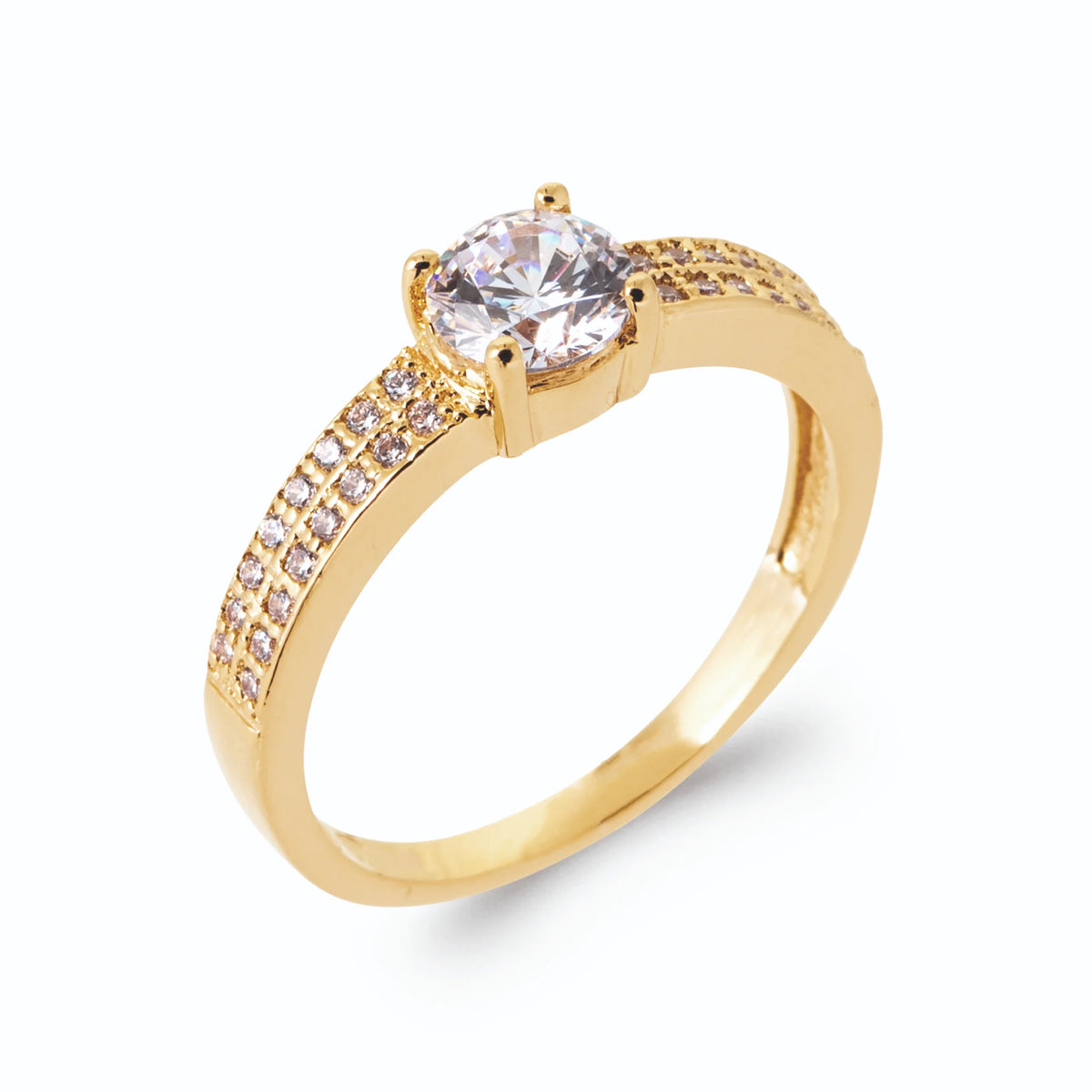 Bague solitaire zircon et épaules pavées de zircons en plaqué or