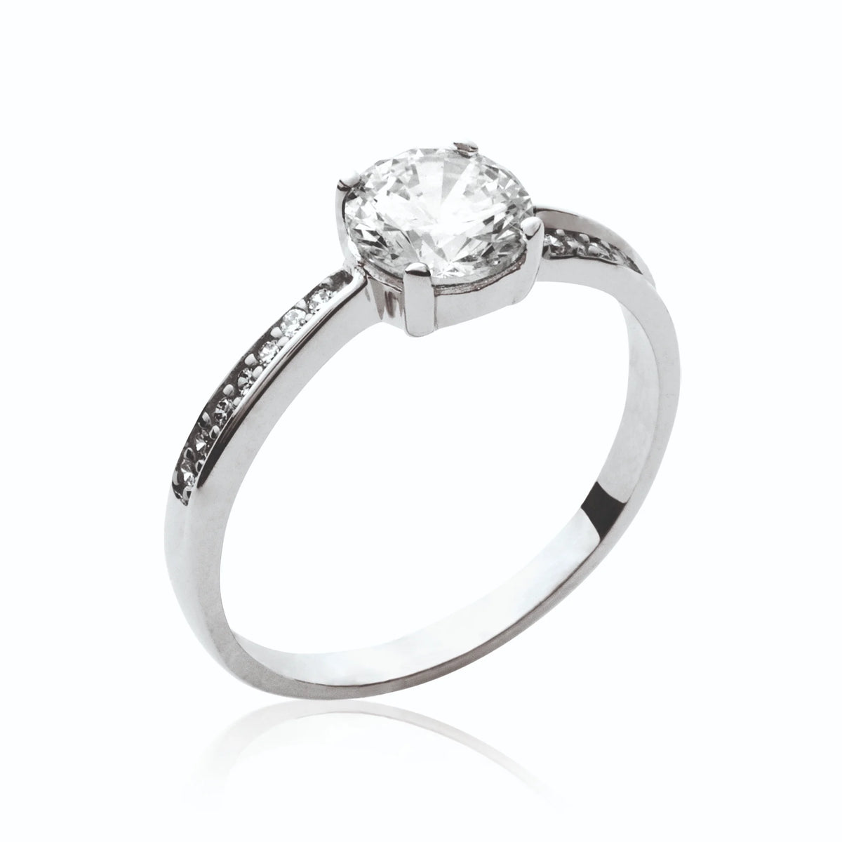 Bague solitaire zircon et fine ligne de zircons en argent 925, vue de face