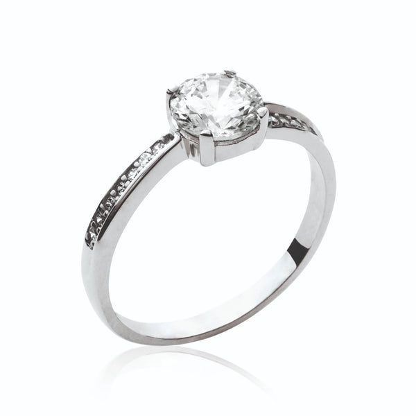 Bague solitaire zircon et fine ligne de zircons en argent 925, vue de face