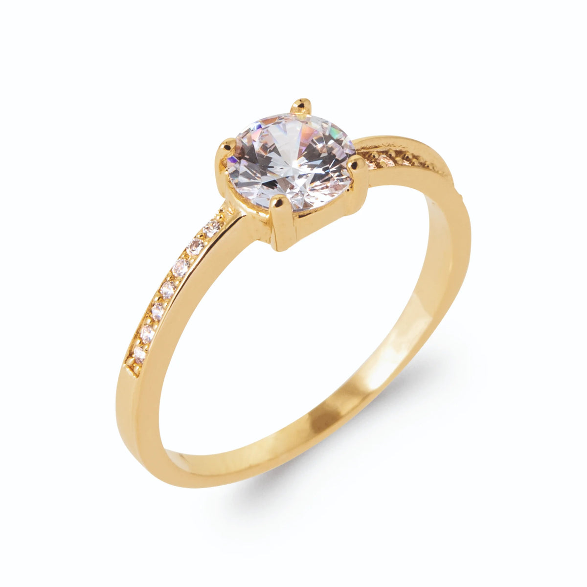 Bague solitaire zircon et fine ligne de zircons sur les épaules en plaqué or
