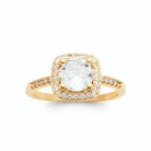 Bague solitaire zircon halo carré et épaules pavées plaqué or, vue de face