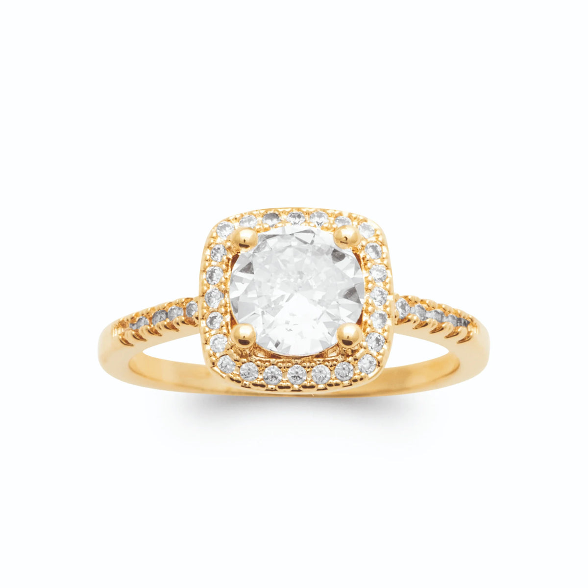 Bague solitaire zircon halo carré et épaules pavées plaqué or, vue de face