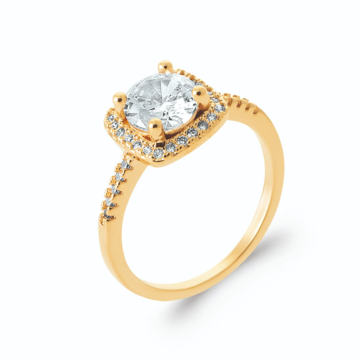Bague solitaire zircon halo carré et épaules pavées en plaqué or, vue de trois quarts
