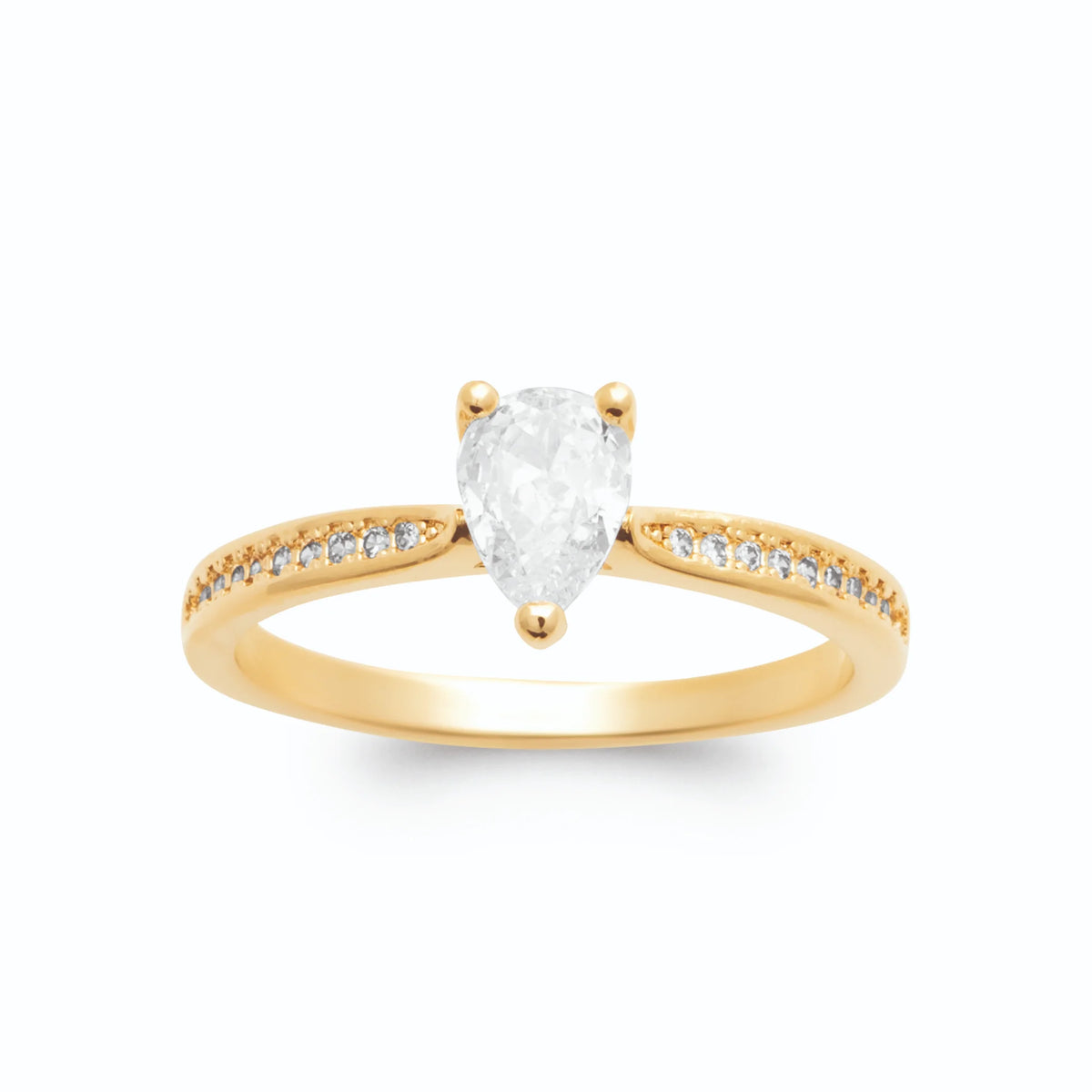 Bague solitaire zircon poire et épaules pavées de zircons plaqué or, vue de face