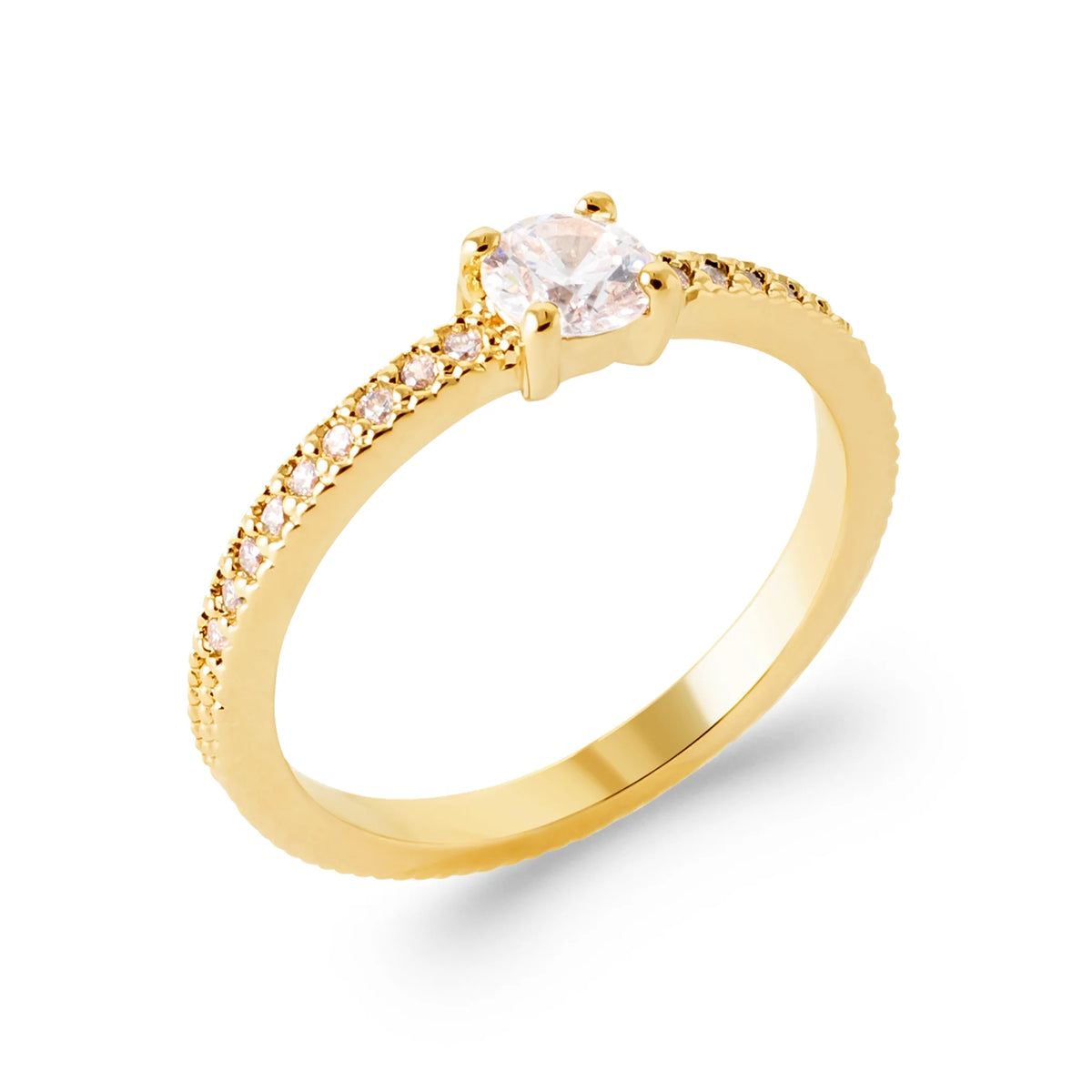 Bague solitaire zircon rond sur anneau ciselé texturé en plaqué or