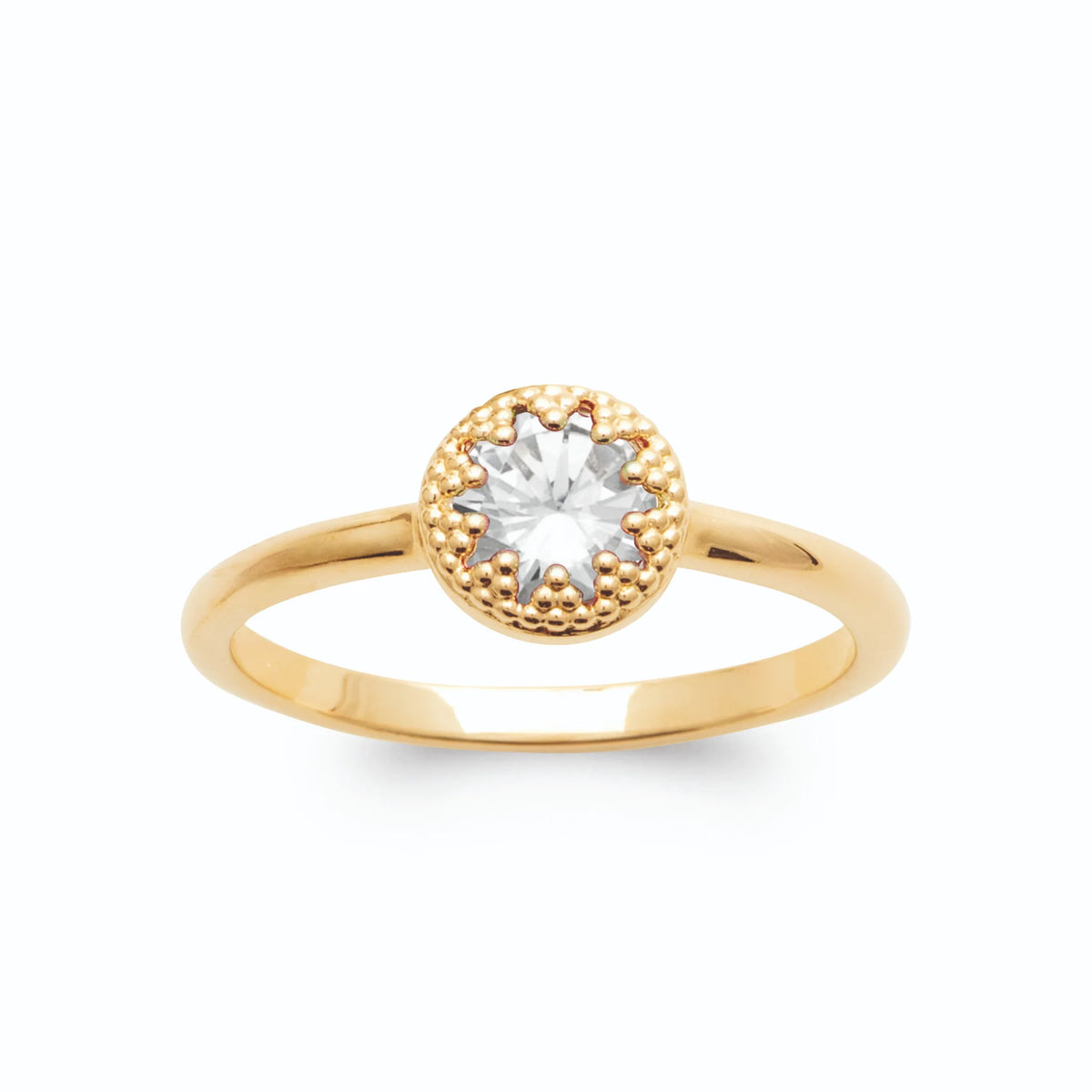 Bague solitaire zircon rond collerette perlée plaqué or, vue de face