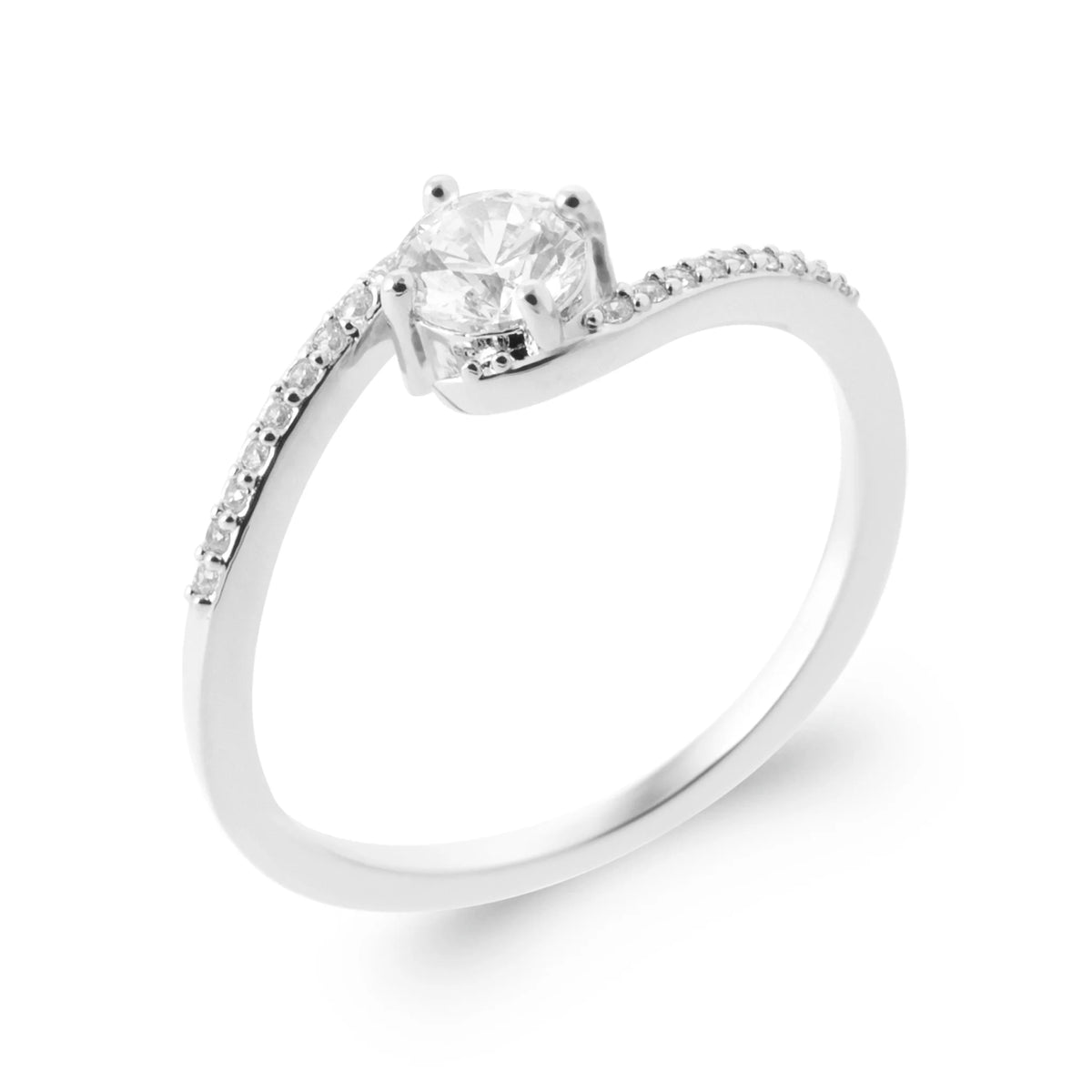 Bague solitaire zircon rond et épaule pavée croisée en argent 925