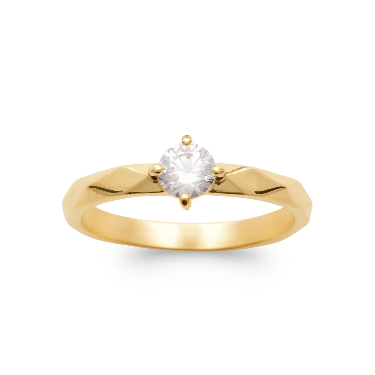 Bague solitaire zircon rond quatre griffes anneau facetté en plaqué or