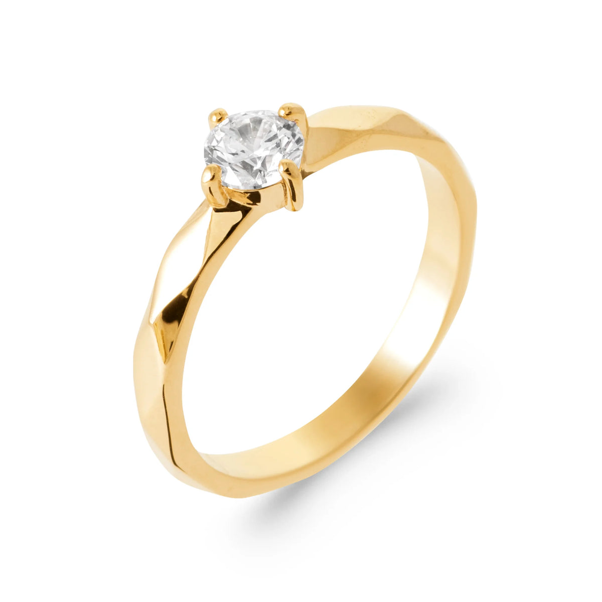 Bague solitaire zircon rond quatre griffes anneau facetté en plaqué or