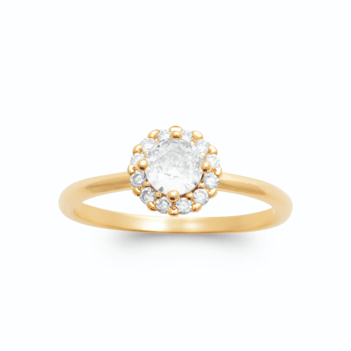 Bague solitaire zircon rond et halo de petits zircons plaqué or, vue de face