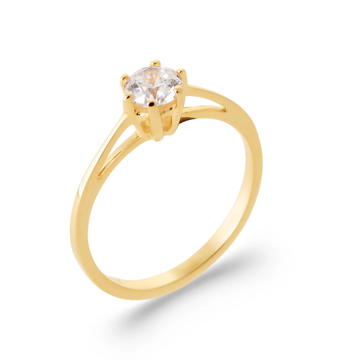Bague solitaire zircon rond six griffes épaules affinées en plaqué or