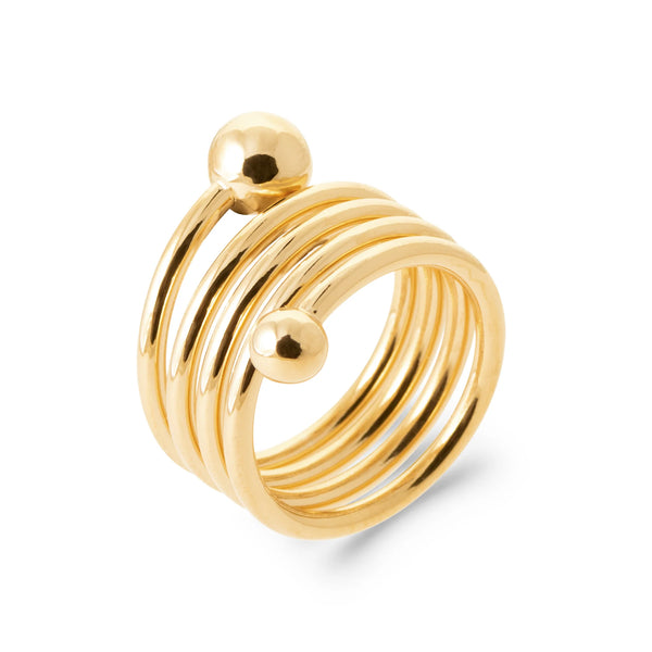 Bague spirale cinq tours à billes d’or en plaqué or, vue de trois quarts