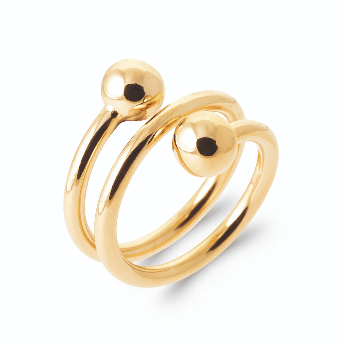 Bague spirale deux tours et billes d’or polies en plaqué or, vue de trois quarts