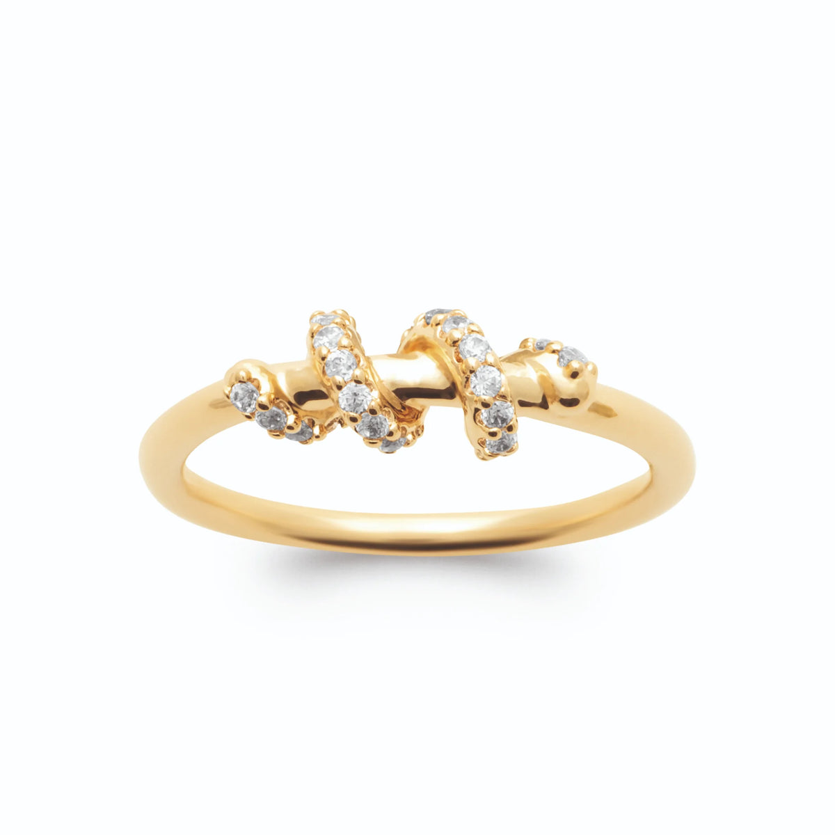 Bague spirale de fil d’or ponctuée de zircons plaqué or, vue de face