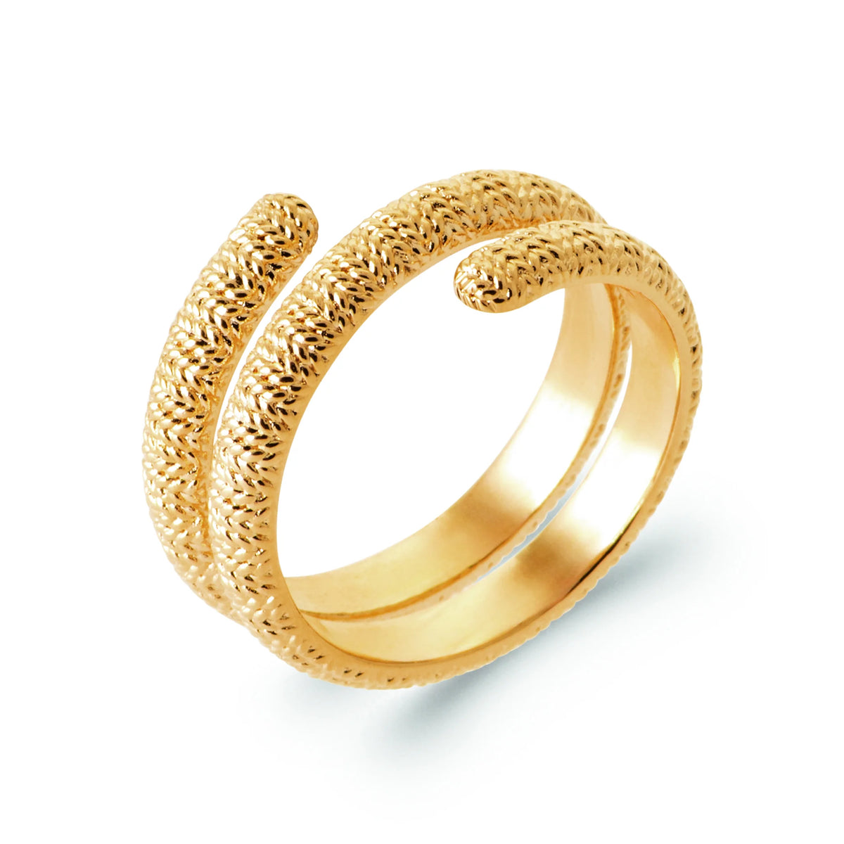 Bague spirale jonc diamanté deux tours en plaqué or, vue de trois quarts