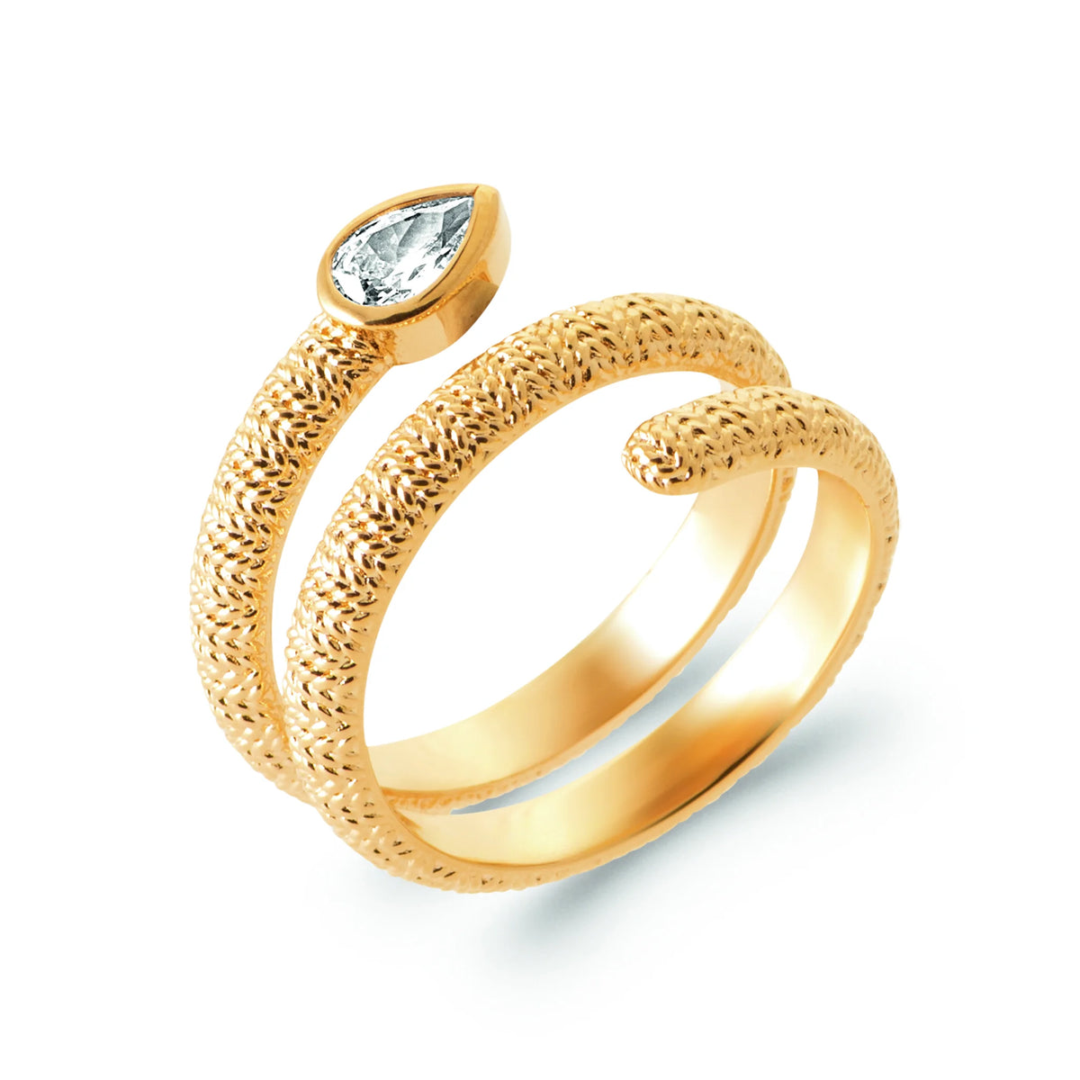Bague spirale jonc diamanté et zircon poire en plaqué or, vue de trois quarts
