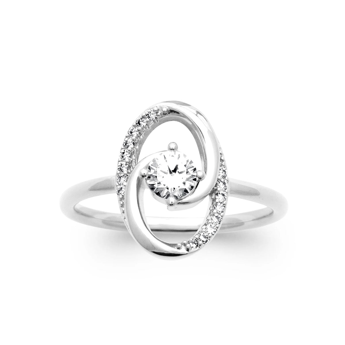 Bague spirale pavée autour d’un zircon en argent 925, vue de face
