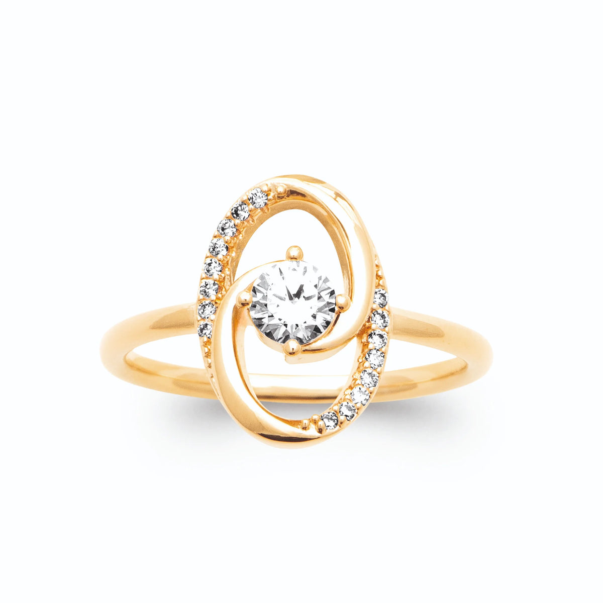 Bague spirale pavée et zircon solitaire plaqué or, vue de face