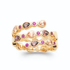 Bague spirale trois tours pierres poires fuchsia, pêche et taupe en plaqué or